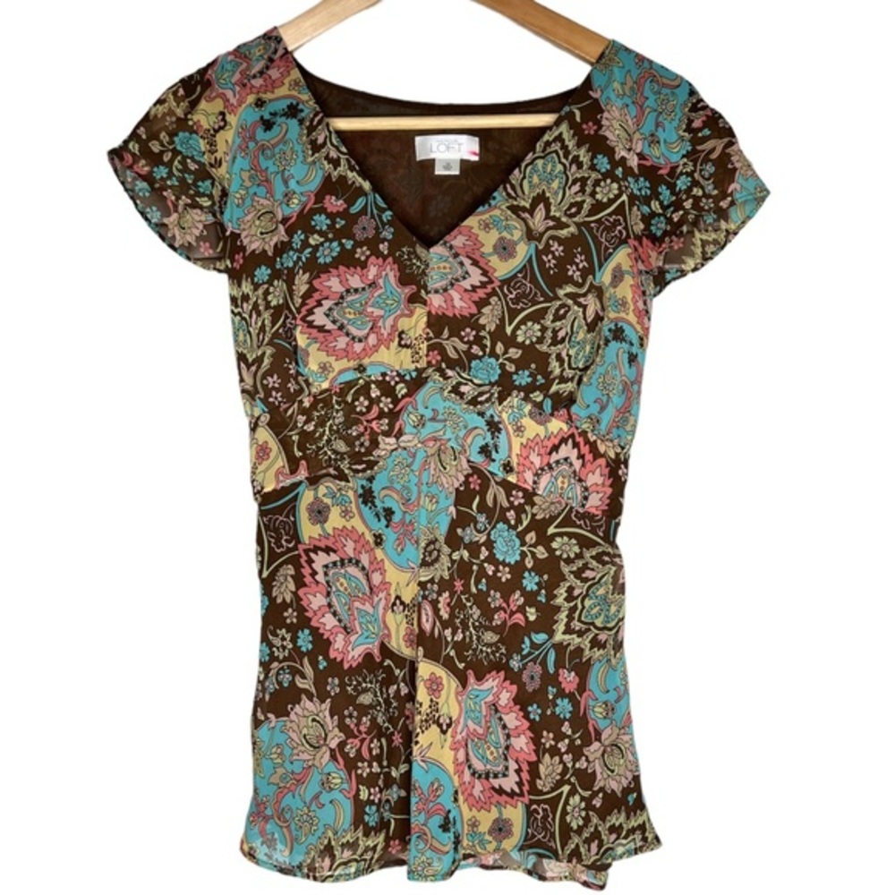 LOFT‎ Ann Taylor Paisley Cap Sleeve High Waist Blouse Size 10 Lined Side Zip